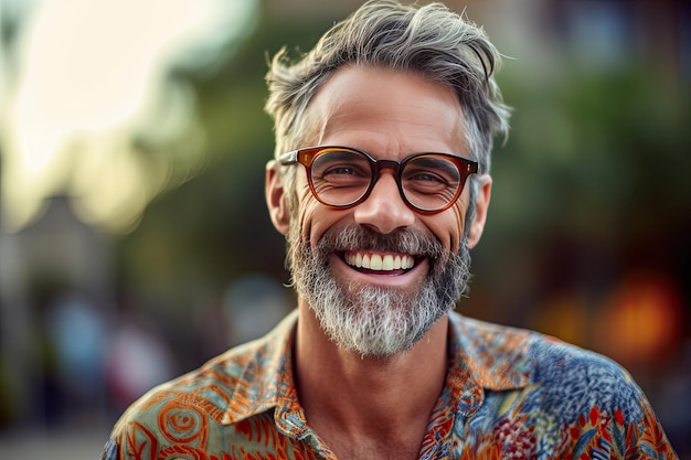 Portret szczęśliwego zadowolonego mężczyzny w okularach na zewnątrz Generative Ai