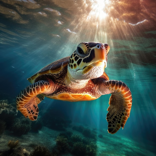 Portret szczęśliwego żółwia morskiego pływającego pod wodą Generacyjna sztuczna inteligencja