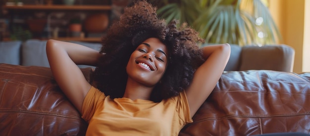 Portret szczęśliwej afroamerykańskiej kobiety relaksującej się na kanapie w salonie