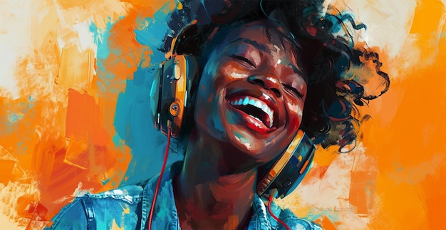 Portret szczęśliwej afroamerykańskiej kobiety słuchającej muzyki z słuchawkami na niewyraźnym tle