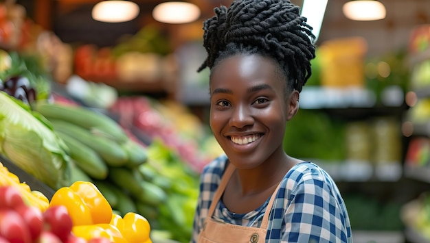 Portret szczęśliwej afroamerykańskiej kobiety w sklepie spożywczym