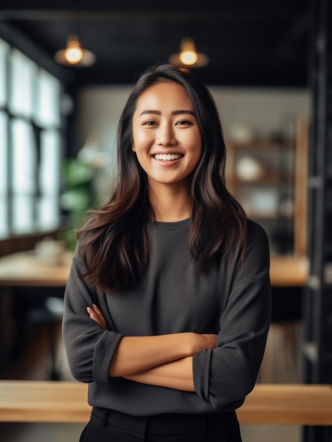 Portret szczęśliwej azjatyckiej kobiety uśmiechniętej stojącej w nowoczesnej przestrzeni biurowej