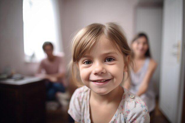 Portret szczęśliwej dziewczynki z rodziną w tle w domu stworzony za pomocą generatywnej ai