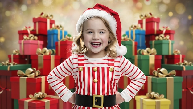 Portret szczęśliwej dziewczyny w sukience Santa Helper pokazującej pudełka z prezentami
