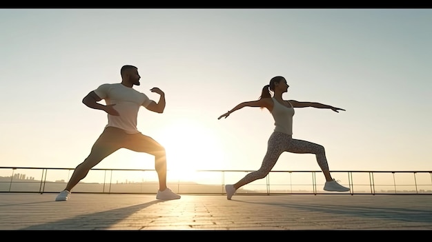 Portret szczęśliwej fitness pary robiącej rozciąganie rąk