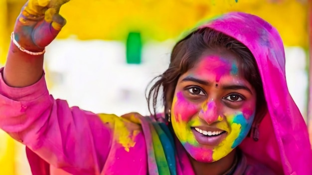 Portret szczęśliwej indyjskiej dziewczyny w tradycyjnym hinduistycznym sari na Holi Festival Of Colors