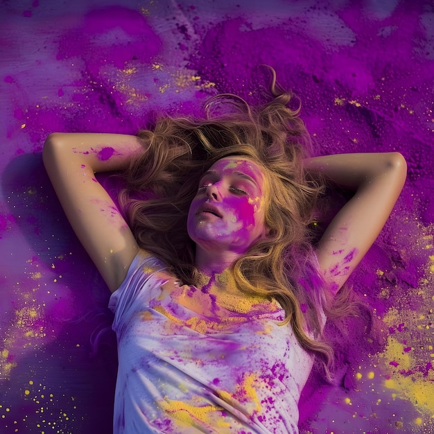 Portret szczęśliwej indyjskiej kobiety świętującej Holi z kolorami proszkowymi Koncepcja indyjskiego festiwalu Holi