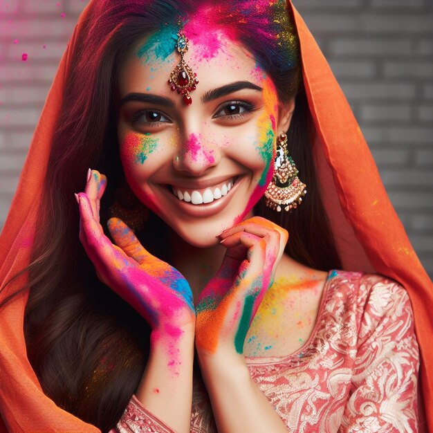 Portret szczęśliwej indyjskiej kobiety świętującej Holi z kolorami proszkowymi lub gulal