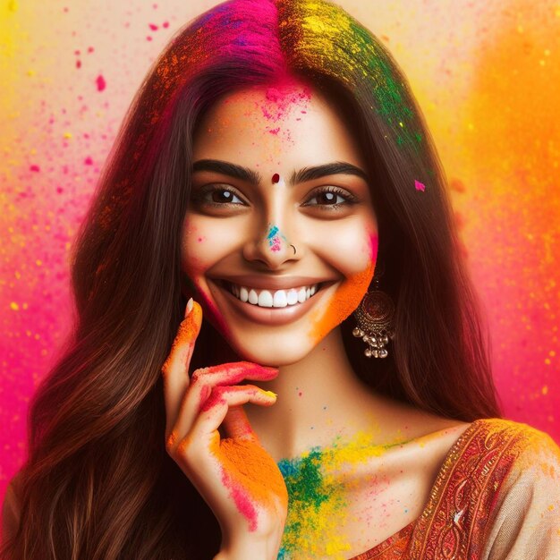 Portret szczęśliwej indyjskiej kobiety świętującej Holi z kolorami proszkowymi lub gulal