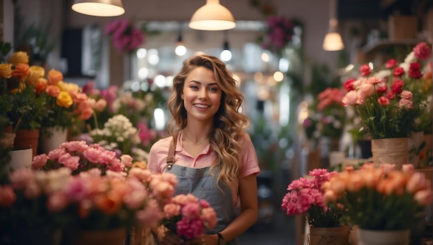 Portret szczęśliwej kobiety stojącej w sklepie z kwiatami Wesoła młoda