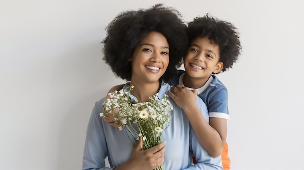 Portret szczęśliwej kobiety z kwiatami i jej synem na białym tle świętowanie Dnia Matki