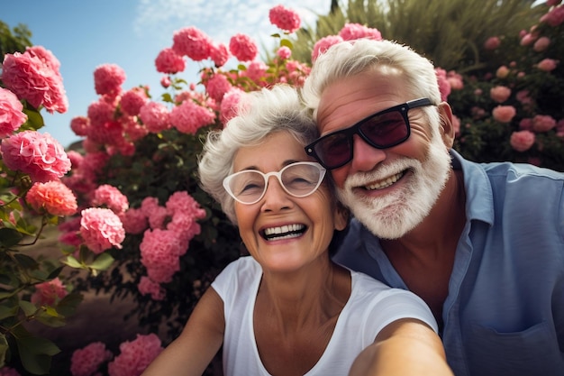 Portret szczęśliwej, kochającej się starszej pary robiącej sobie selfie Generacyjna sztuczna inteligencja