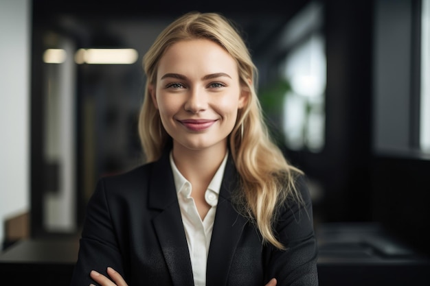 Portret szczęśliwej młodej bizneswoman w jej biurze stworzony za pomocą generatywnej sztucznej inteligencji