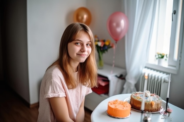 Portret szczęśliwej młodej dziewczyny świętującej swoje urodziny w domu, stworzony za pomocą generatywnej ai