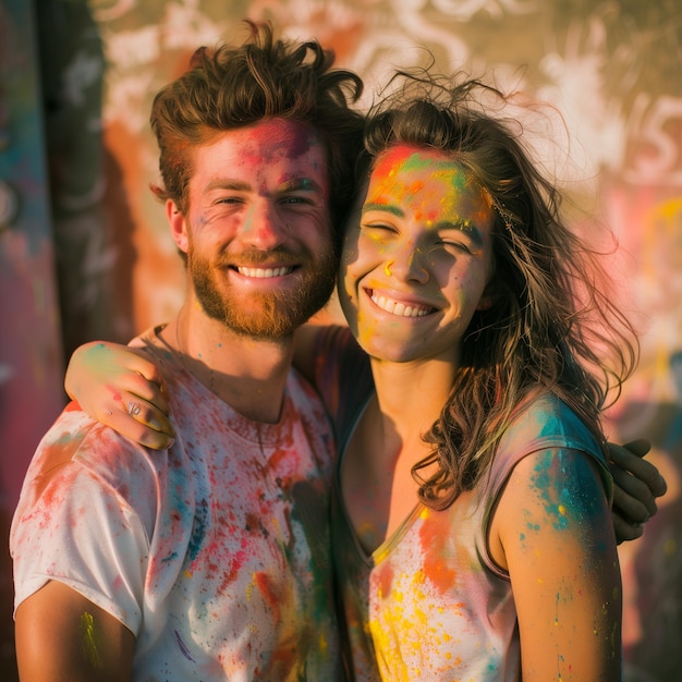 Portret szczęśliwej młodej kaukazyjskiej pary pokrytej farbą holi na kolorowym tle