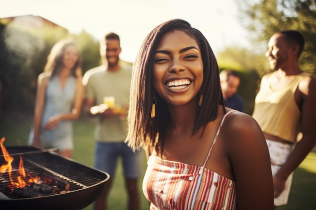 Portret szczęśliwej młodej kobiety bawiącej się przy grillu z przyjaciółmi, stworzony za pomocą generatywnej sztucznej inteligencji