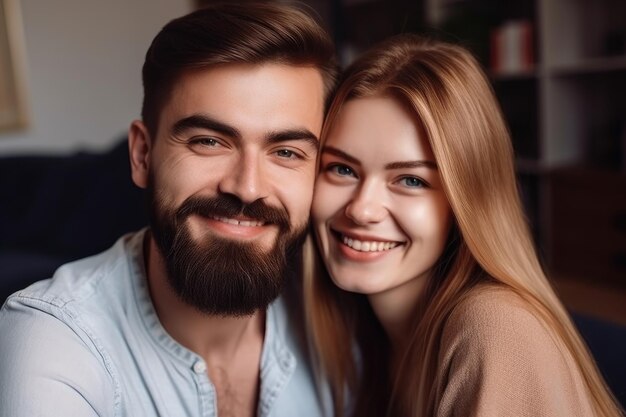 Portret szczęśliwej młodej pary z okazji ich rocznicy w domu, stworzony za pomocą generatywnej ai