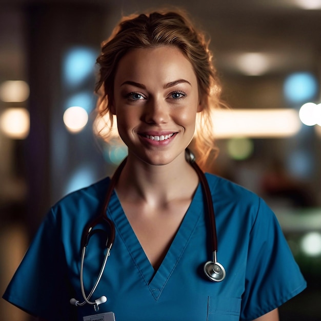 Portret szczęśliwej młodej pielęgniarki stojącej z skrzyżowanymi ramionami na ścianie w szpitalu