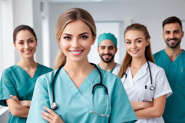 Zdjęcie portret szczęśliwej młodej pielęgniarki w mundurze z zespołem opieki zdrowotnej w tle udany zespół uśmiechniętych lekarzy i pielęgniarek piękna i zadowolona pracownica opieki zdrowotnych w prywatnej klinice patrząca na kamerę