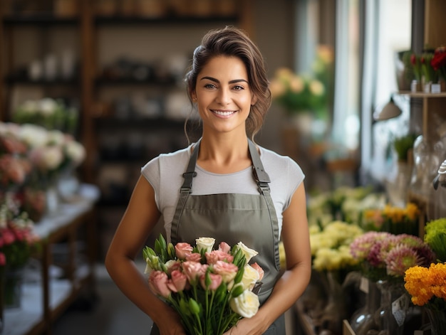 Portret szczęśliwej młodej sprzedawczyni stojącej w sklepie z kwiatami Generative Ai