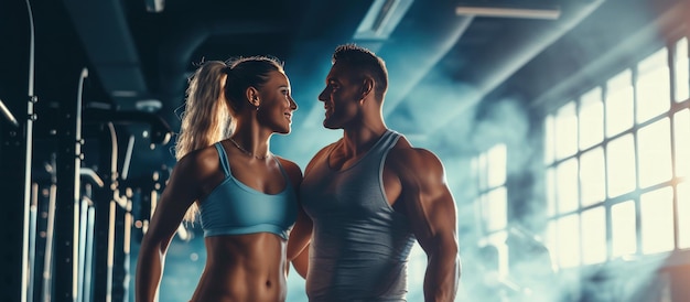 Portret szczęśliwej pary ćwiczącej w ośrodku treningu sportowym Zdjęcie generowane przez AI