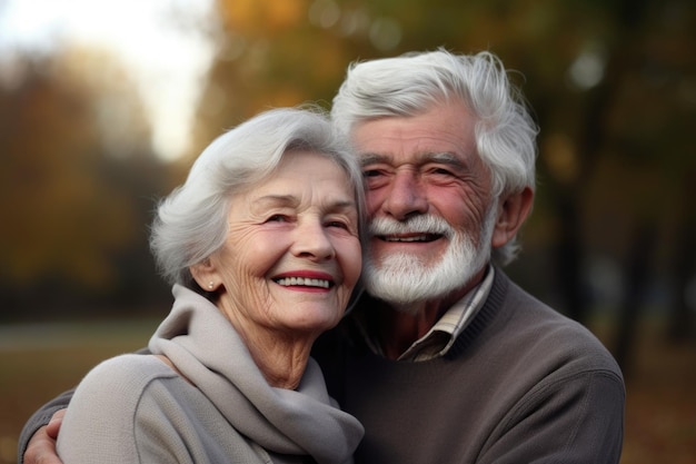 Portret szczęśliwej pary seniorów łączącej się w parku, stworzony za pomocą generatywnej sztucznej inteligencji