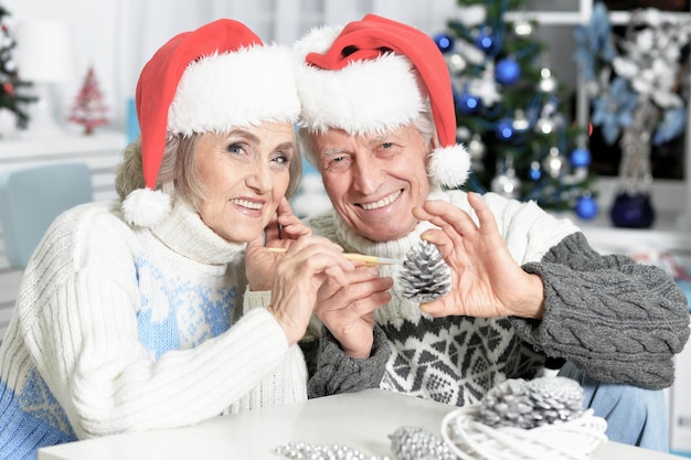 Portret szczęśliwej pary seniorów przygotowującej się do świąt Bożego Narodzenia w domu