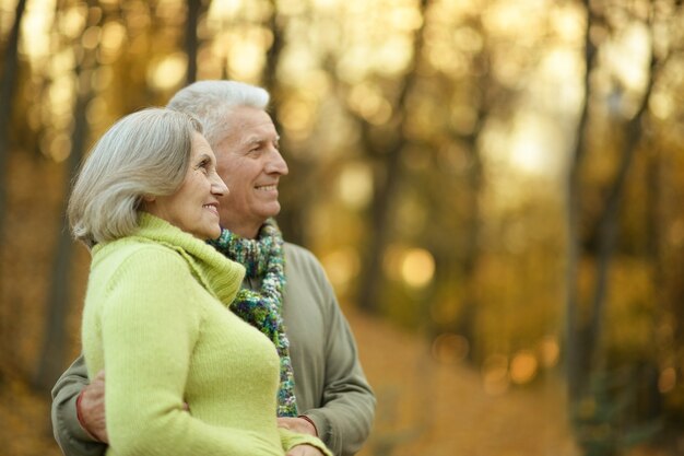 Portret szczęśliwej pary staruszków w jesiennym parku