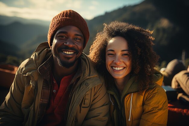 Portret szczęśliwej pary wieloetnicznej w górach na tle obozu namiotowego Młoda międzynarodowa rodzina zajmuje się wędrówką górską Aktywny styl życia turystyka i koncepcja wakacji