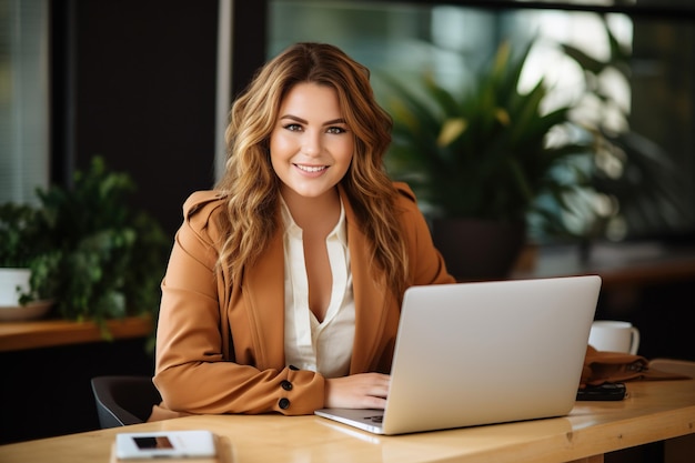 Portret szczęśliwej plus size kaukaskiej dorywczej bizneswoman z laptopem przy biurku