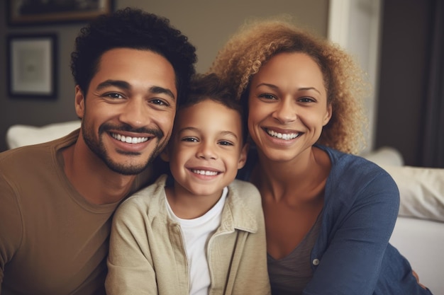 Portret szczęśliwej rodziny mieszanej rasy spędzającej razem czas w domu, stworzony za pomocą generatywnej ai