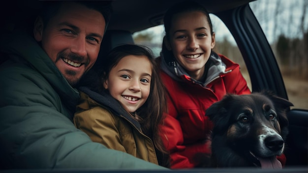 Portret szczęśliwej rodziny w samochodzie z psem