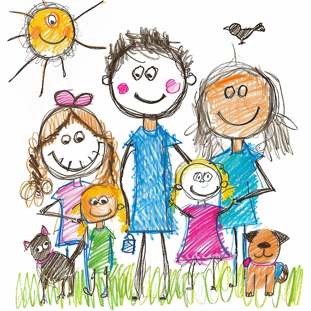Portret szczęśliwej rodziny w stylu rysunku dziecka