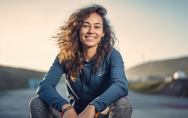 Portret szczęśliwej sportowki siedzącej na świeżym powietrzu