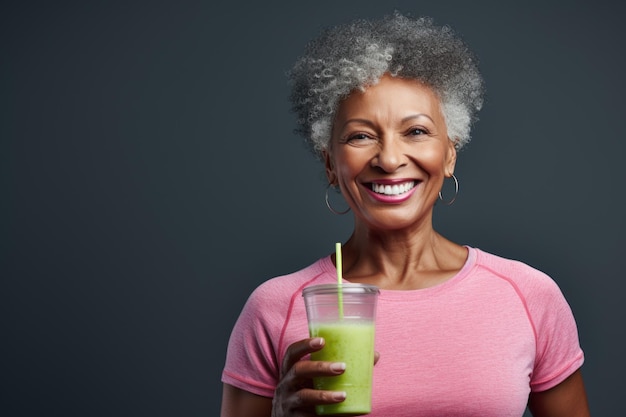 Portret szczęśliwej starszej Afroamerykanki w różowej odzieży sportowej ze szklanką smoothie w dłoni