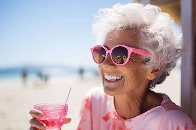 Portret szczęśliwej starszej kobiety pijącej koktajl na plaży w słoneczny dzień