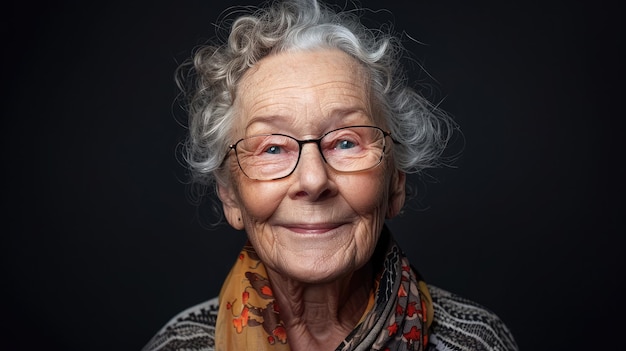 Portret szczęśliwej starszej kobiety uśmiechającej się do kamery na czarnym tle