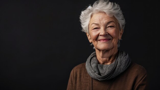 Portret szczęśliwej starszej kobiety uśmiechającej się do kamery na czarnym tle