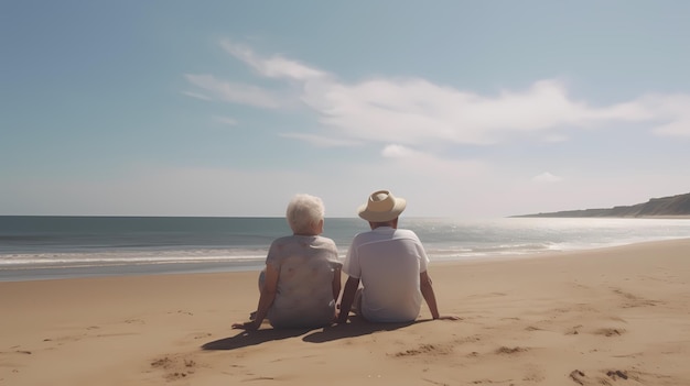 Portret szczęśliwej starszej pary odpoczywającej na tropikalnej plaży Generative AI