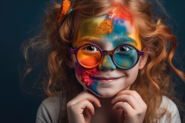 Portret szczęśliwej uśmiechniętej dziewczynki w okularach z kolorową farbą na skórze generatywnej sztucznej inteligencji