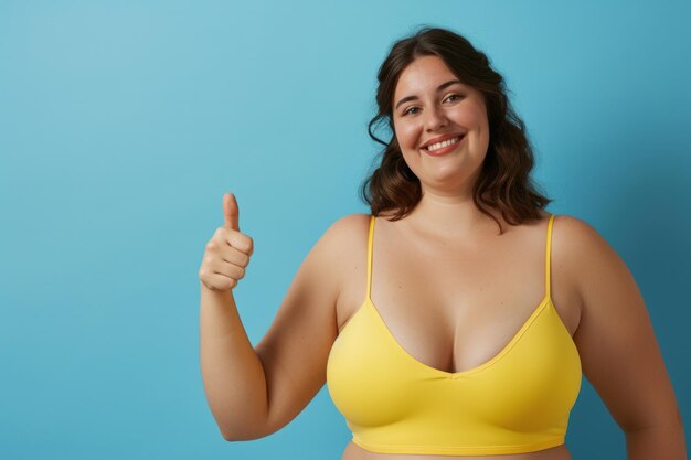 Portret szczęśliwej uśmiechniętej grubej kobiety w żółtym kostiumie kąpielowym z kciukiem w górę izolowany na niebieskim tle studia Podróżujące ciało pozytywne wakacje i koncepcja letniej podróży
