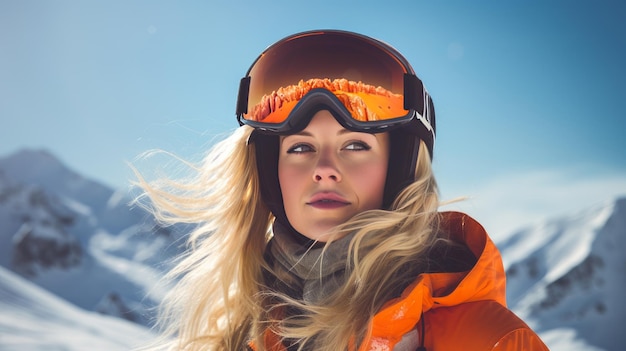 Portret szczęśliwej uśmiechniętej kobiety snowboarderki na tle pokrytych śniegiem gór na nartach