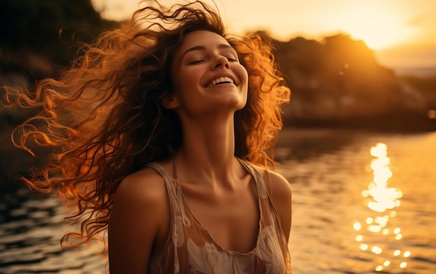 Portret szczęśliwej uśmiechniętej kobiety z piękną sztuczną inteligencją w tle