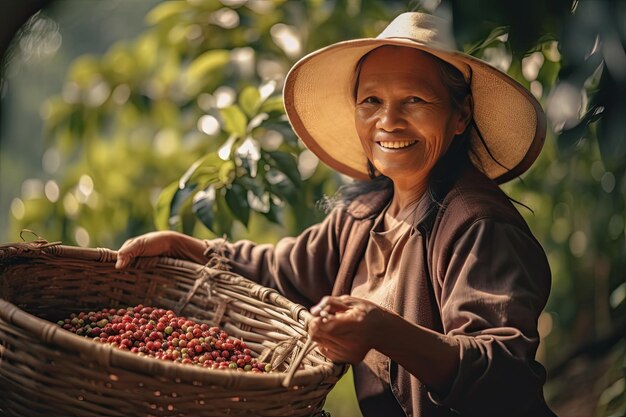 Portret szczęśliwej wietnamskiej rolnicy W tle jest rolnik zbierający jagody kawy Arabica Robusta Generative Ai