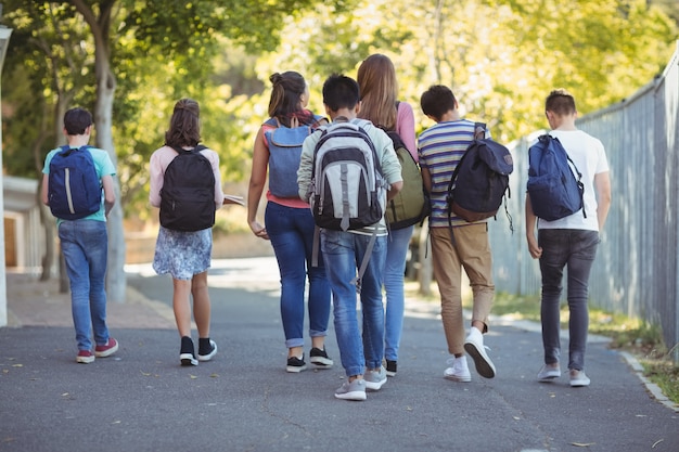 Portret szczęśliwy studentów stojących z backpackas na drodze