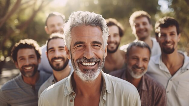 Portret szczęśliwych dojrzałych mężczyzn z niewyraźnymi grupowymi ludźmi na zewnątrz
