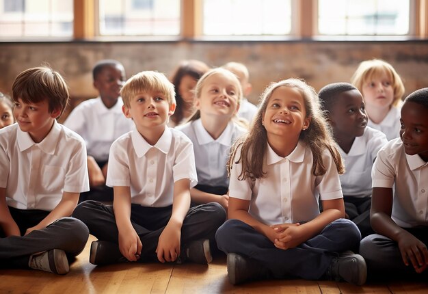 Zdjęcie portret szczęśliwych dzieci w klasie przedszkola w mundurze