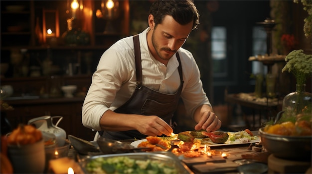 Portret szefa kuchni przygotowującego sałatkę w restauracji