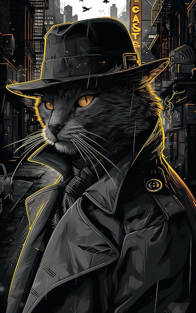 Portret szkockiego kota z cyberpunkowym płaszczem i Fedora Eq Cyber Poster Banner Flyer