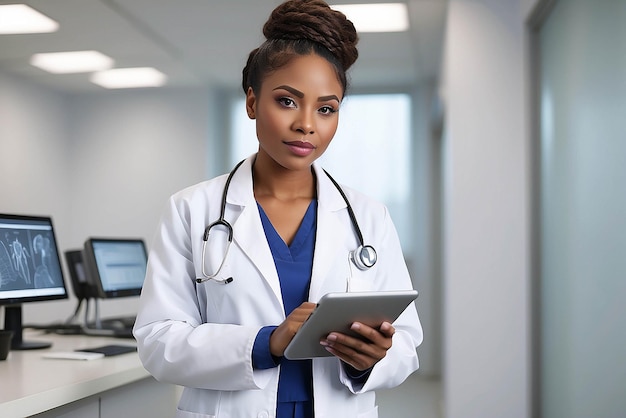 Portret szpitala pewna siebie afroamerykańska kobieta lekarz używająca cyfrowego tabletu komputera opieka zdrowotna Czarny lekarz w białym płaszczu laboratoryjnym przepisuje leki gotowe do ratowania życia